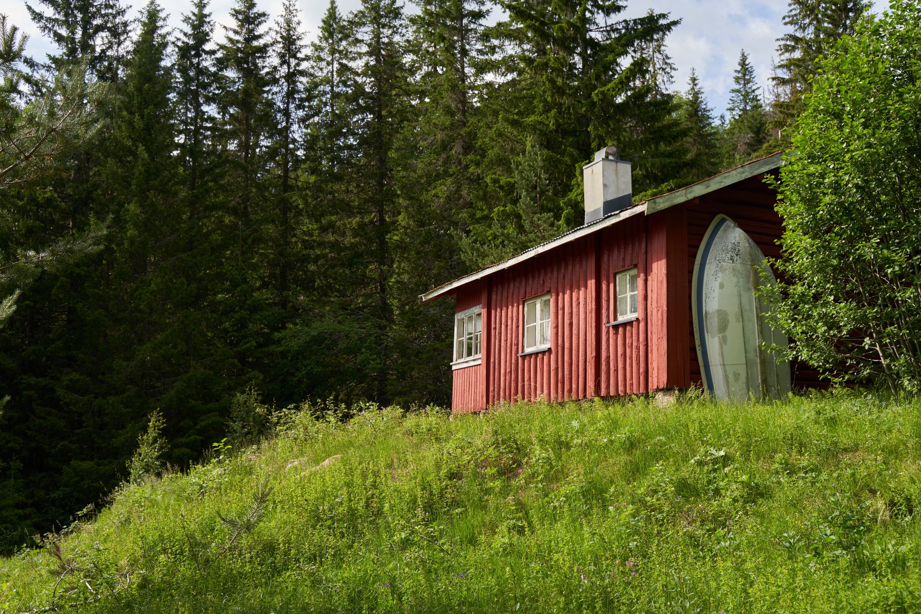 Nordic cabin in mist-covered Swedish forest