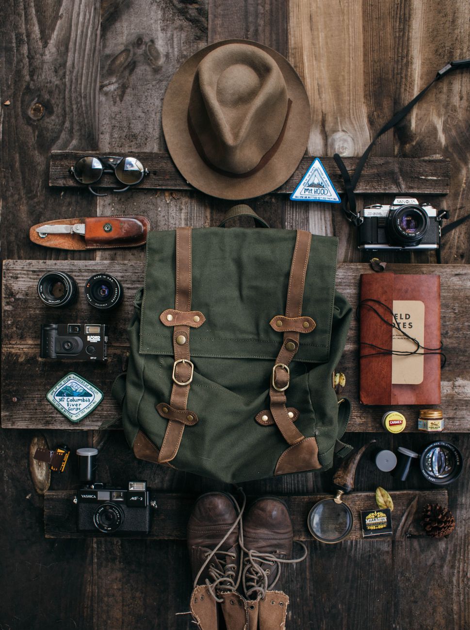 Carefully curated gear layout for lightweight hiking
